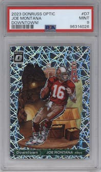 Joe Montana from the 2023 Donruss Optic set graded by PSA and given an overall grade of 9.