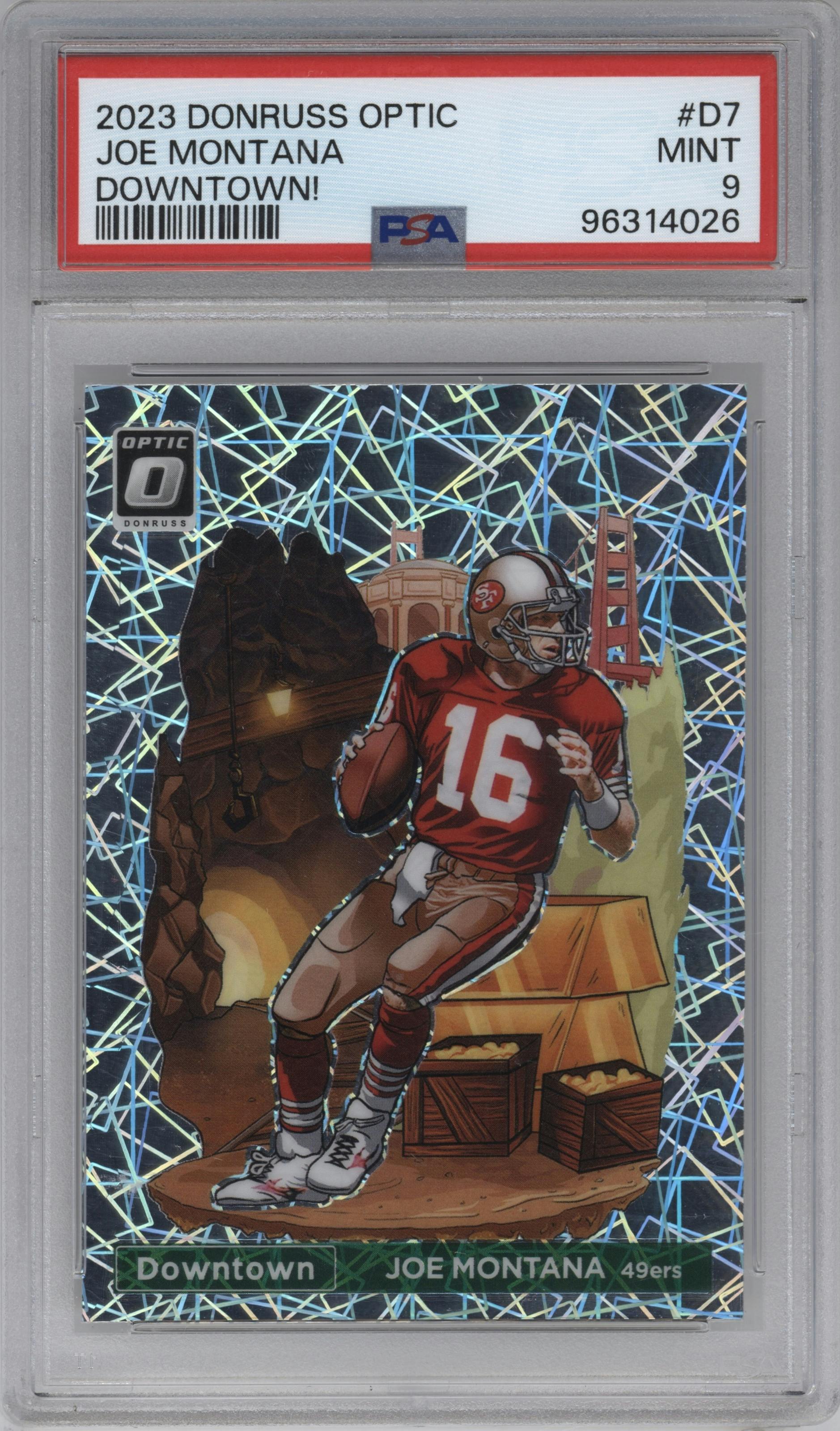Joe Montana from the 2023 Donruss Optic set graded by PSA and given an overall grade of 9.