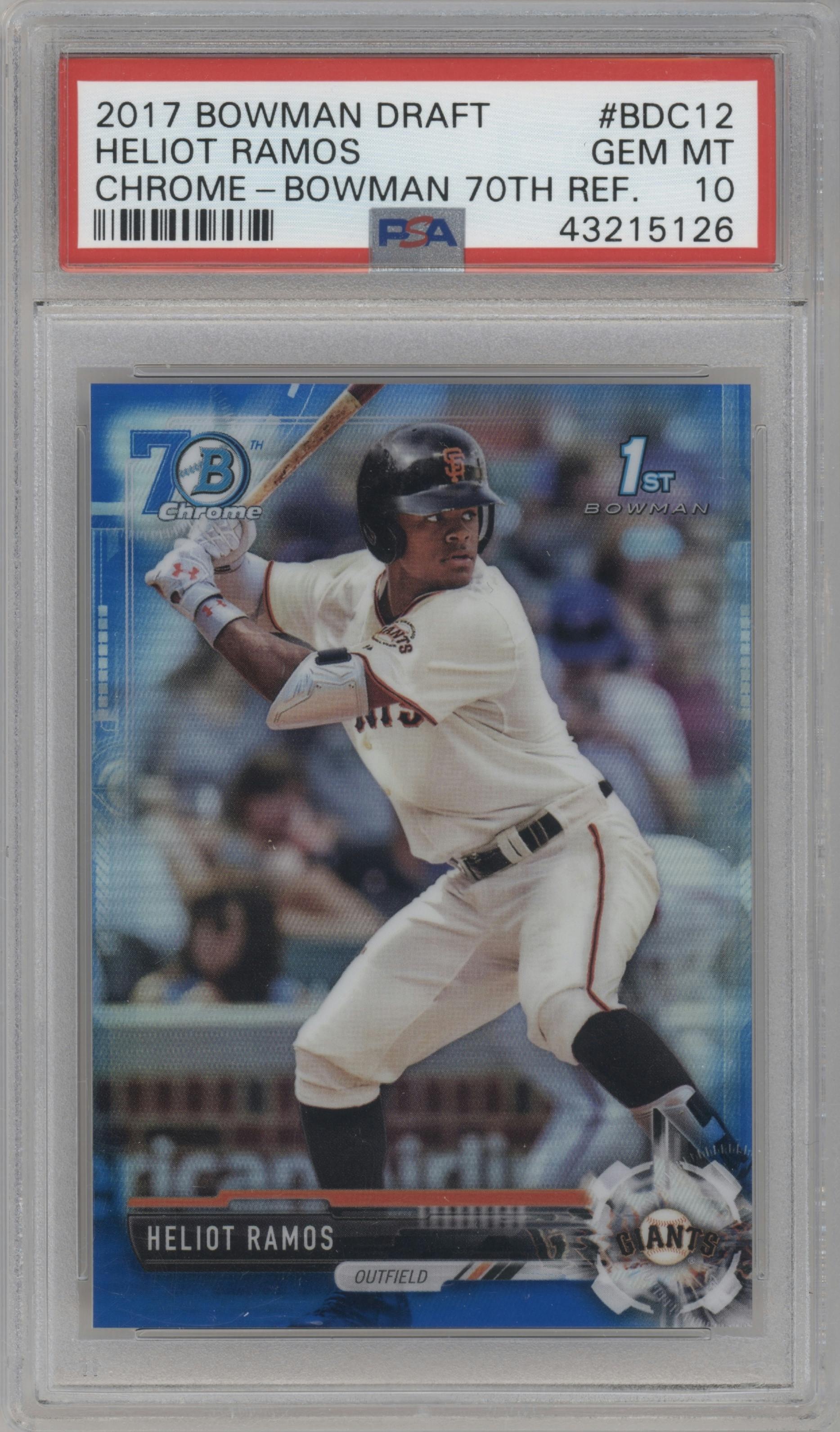 Heliot Ramos from the 2017 Bowman Draft set featuring a Bowman 70th Logo Refractor parallel graded by PSA and given an overall grade of 10.