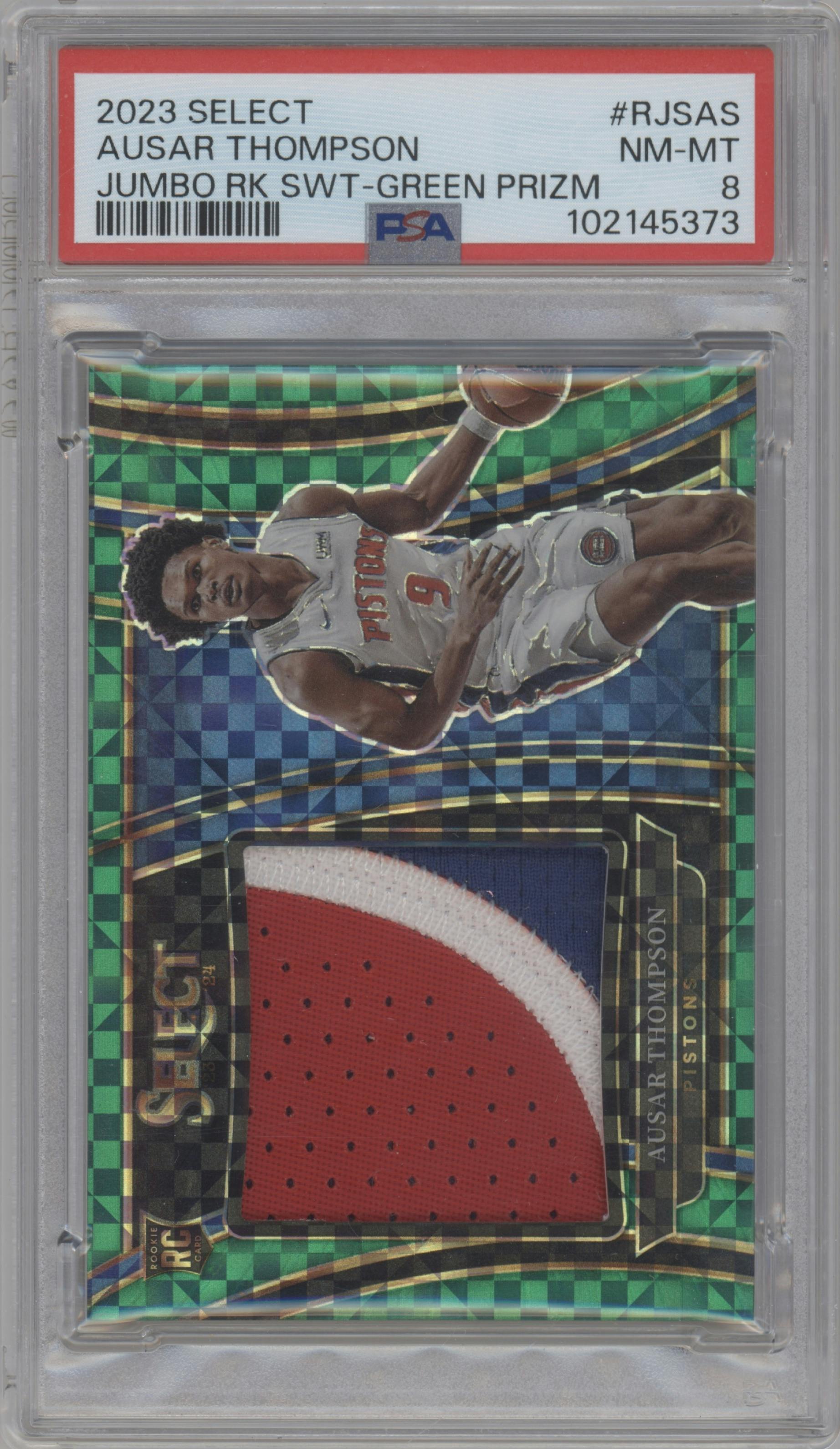 Ausar Thompson  from the 2023-24 Panini Select  set featuring a Green parallel graded by PSA and given an overall grade of 8.
