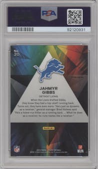 Jahmyr Gibbs from the 2023 Panini Prizm set featuring a Green Wave parallel graded by PSA and given an overall grade of 10.