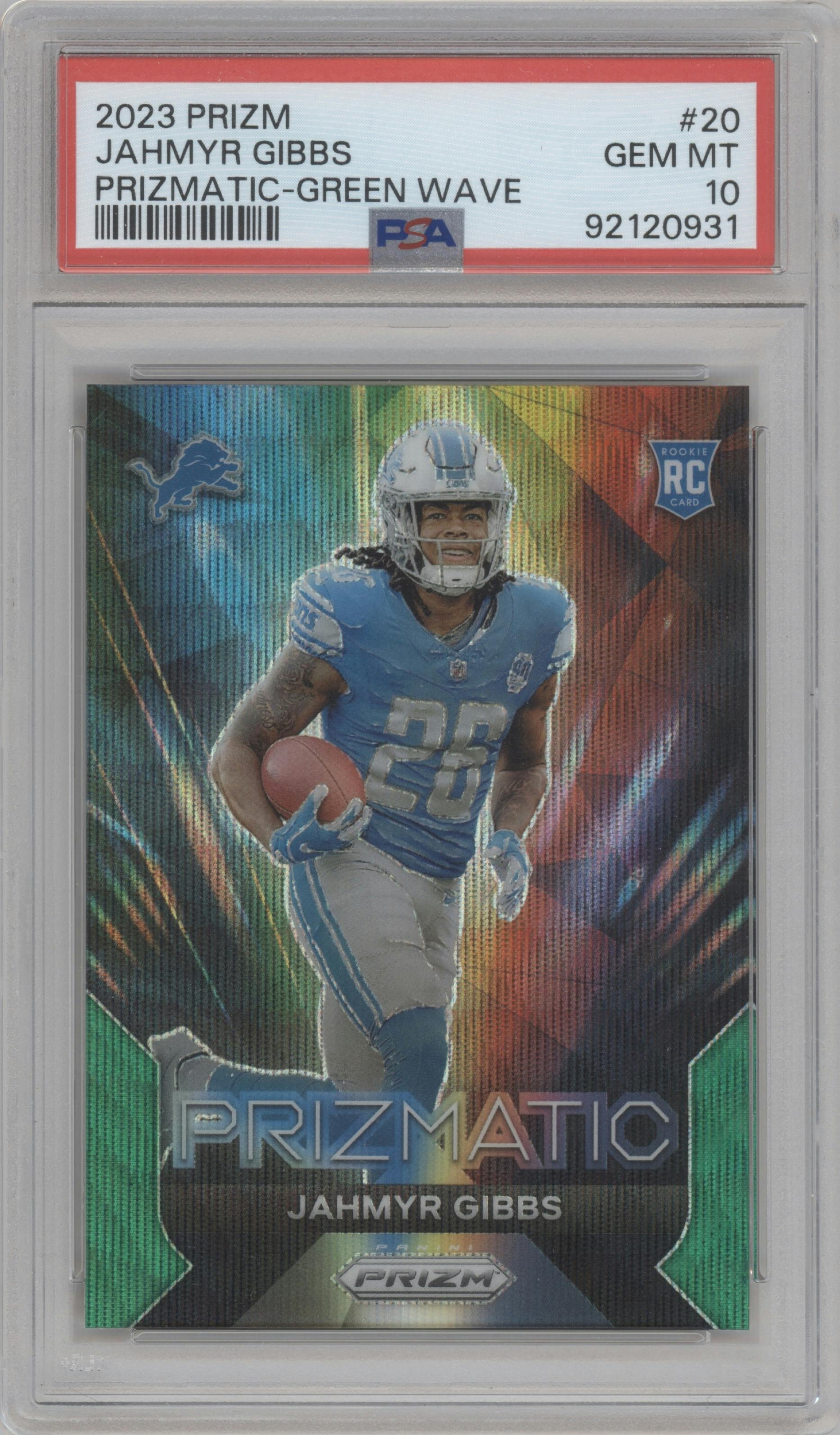 Jahmyr Gibbs from the 2023 Panini Prizm set featuring a Green Wave parallel graded by PSA and given an overall grade of 10.