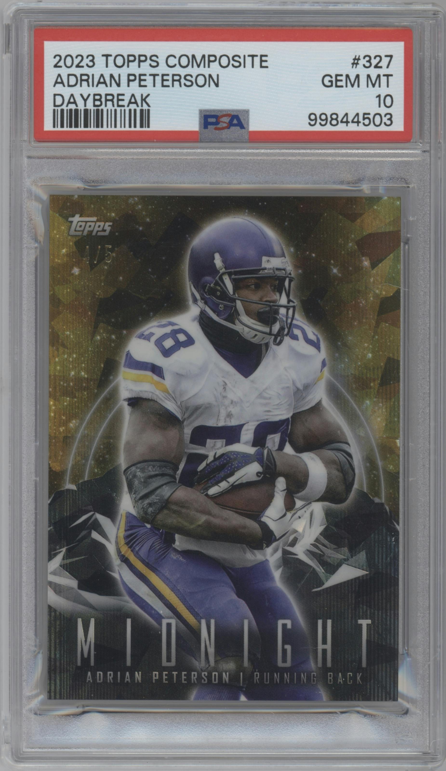 Adrian Peterson from the 2023 Topps Composite set featuring a Daybreak parallel graded by PSA and given an overall grade of 10.