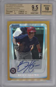 Bryce Harper from the 2011 Bowman Chrome set featuring a Gold Refractor parallel graded by Beckett and given an overall grade of 9.5.