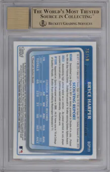 Bryce Harper from the 2011 Bowman Chrome set featuring a Gold Refractor parallel graded by Beckett and given an overall grade of 9.5.