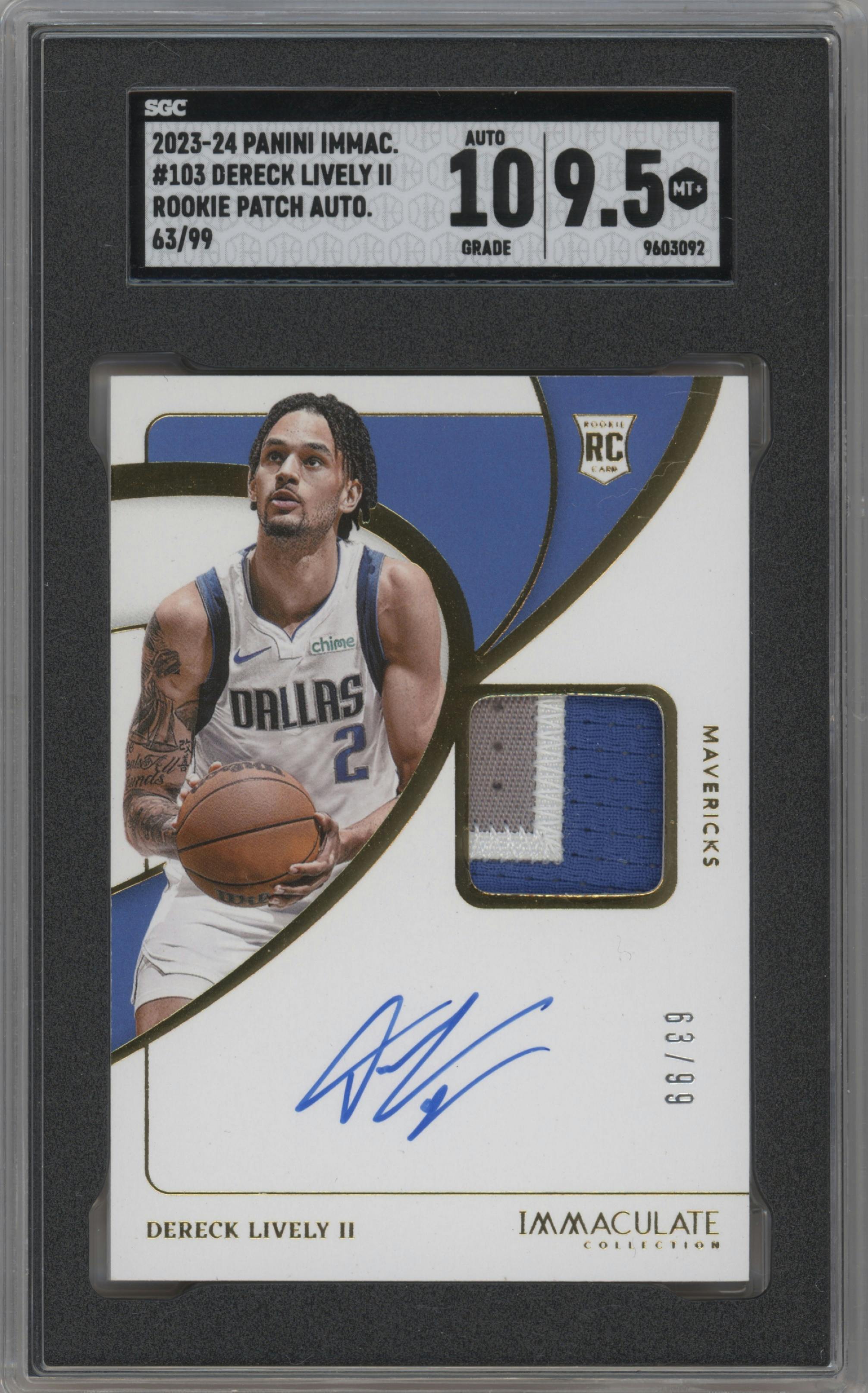 Dereck Lively II from the 2023-24 Panini Immaculate Collection set graded by SGC and given an overall grade of 9.5.