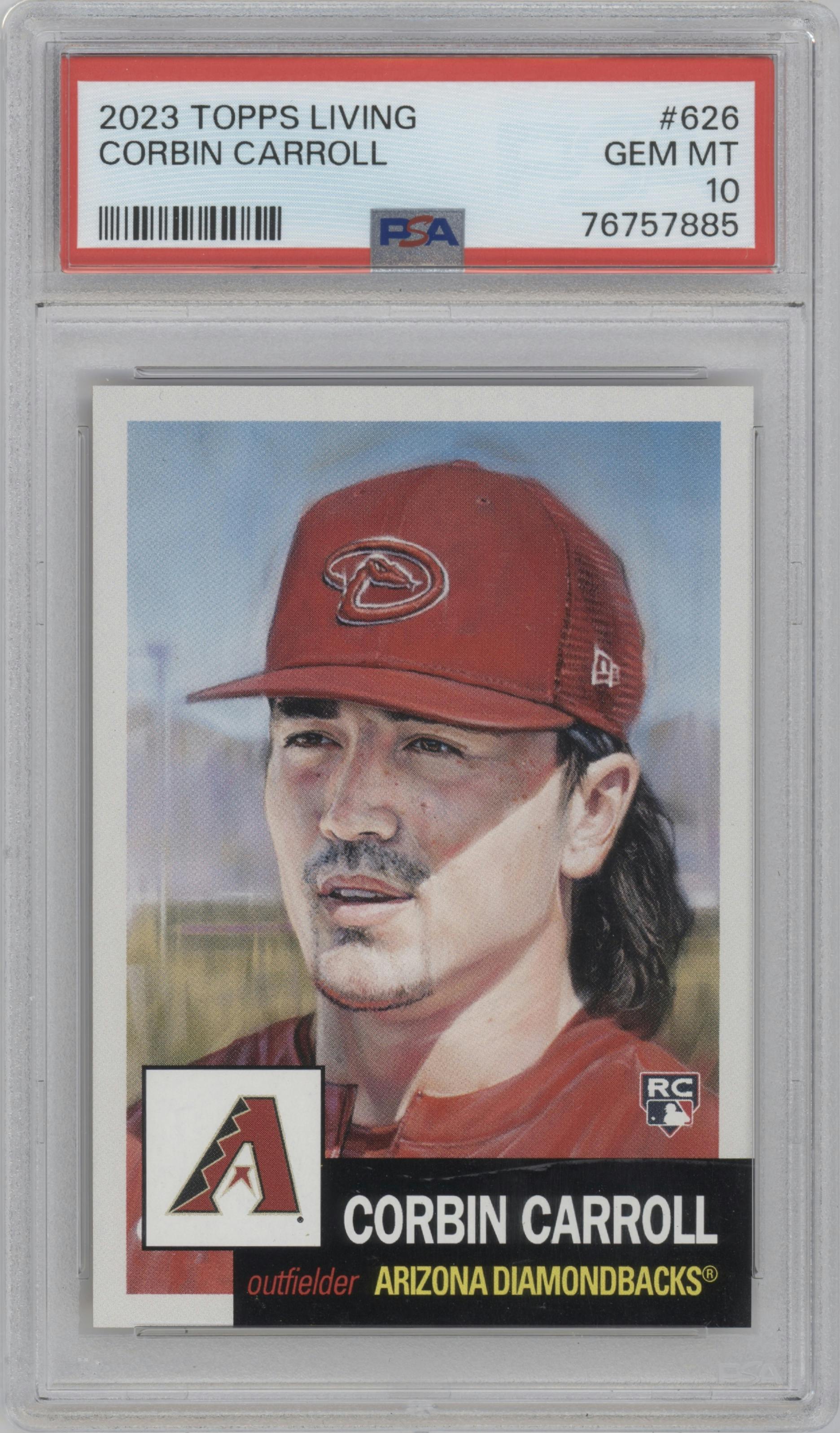 Corbin Carroll from the 2023 Topps Living set graded by PSA and given an overall grade of 10.