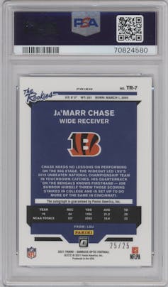 Ja'Marr Chase from the 2021 Panini Donruss Optic set featuring a Purple Stars parallel graded by PSA and given an overall grade of 9.