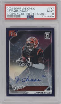 Ja'Marr Chase from the 2021 Panini Donruss Optic set featuring a Purple Stars parallel graded by PSA and given an overall grade of 9.