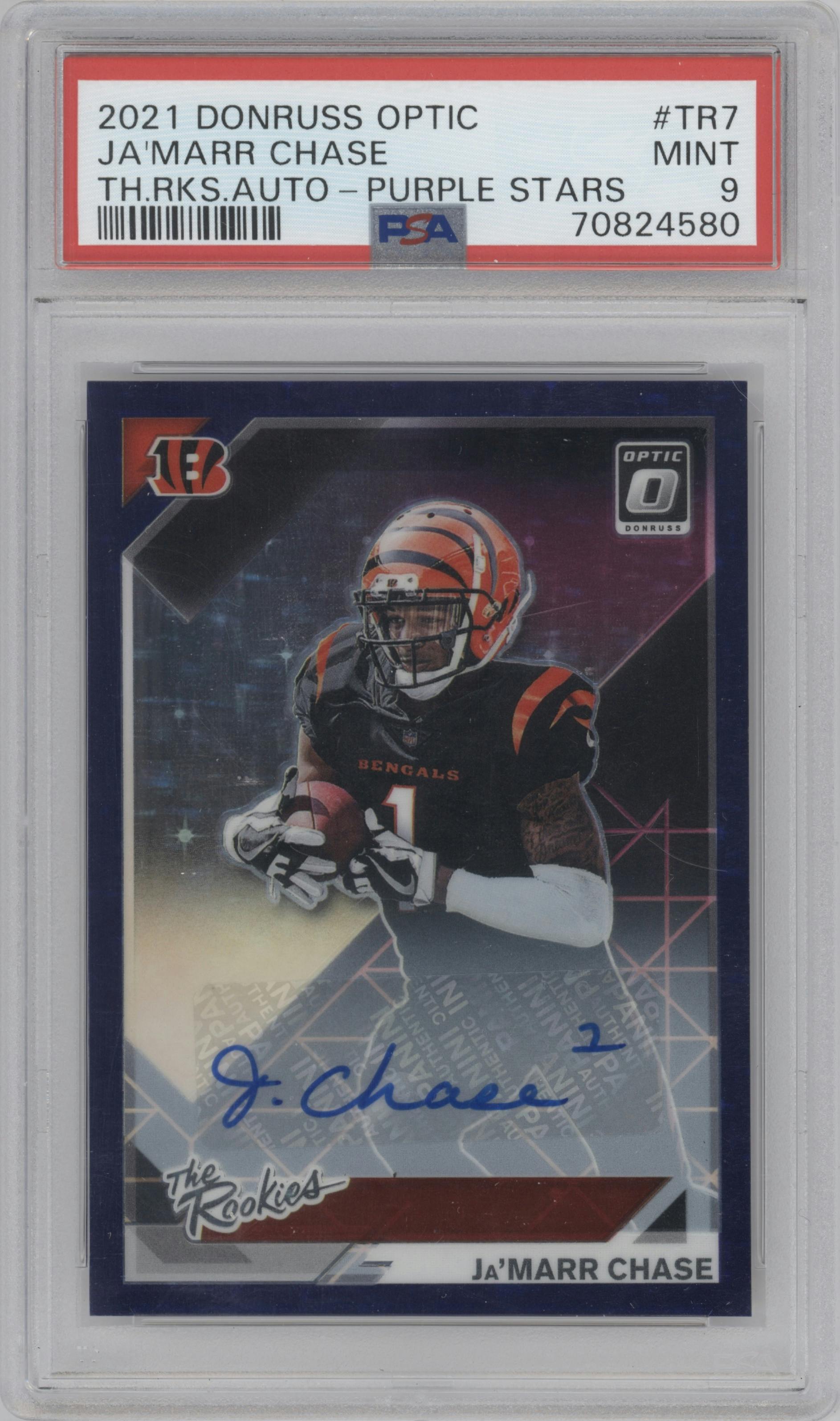 Ja'Marr Chase from the 2021 Panini Donruss Optic set featuring a Purple Stars parallel graded by PSA and given an overall grade of 9.