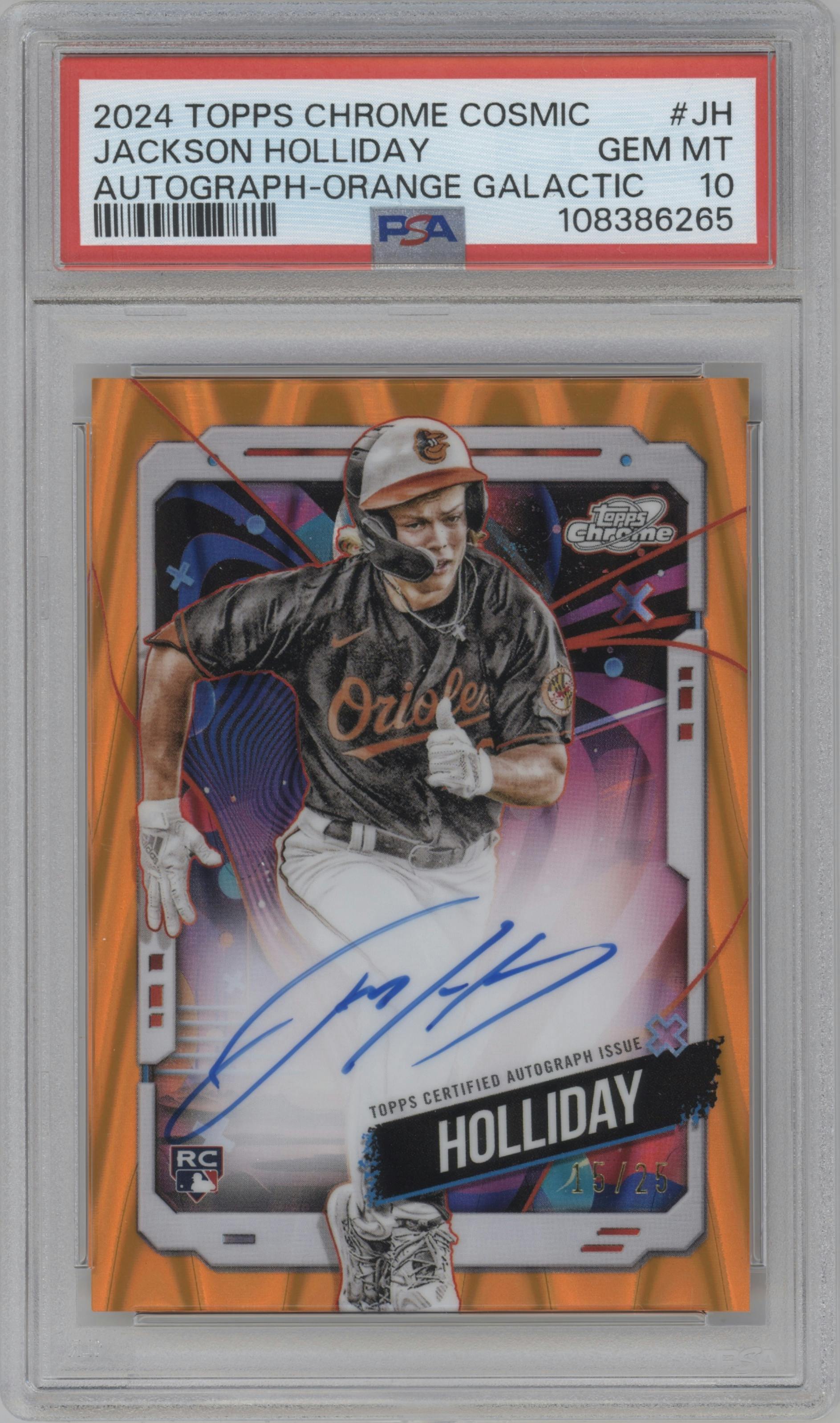 Jackson Holliday from the 2024 Topps Cosmic Chrome set featuring a Orange Galactic Refractor parallel graded by PSA and given an overall grade of 10.