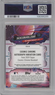 Jackson Holliday from the 2024 Topps Cosmic Chrome set featuring a Orange Galactic Refractor parallel graded by PSA and given an overall grade of 10.