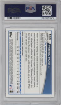 Yasiel Puig from the 2013 Topps Chrome set featuring a Purple Refractor parallel graded by PSA and given an overall grade of 9.