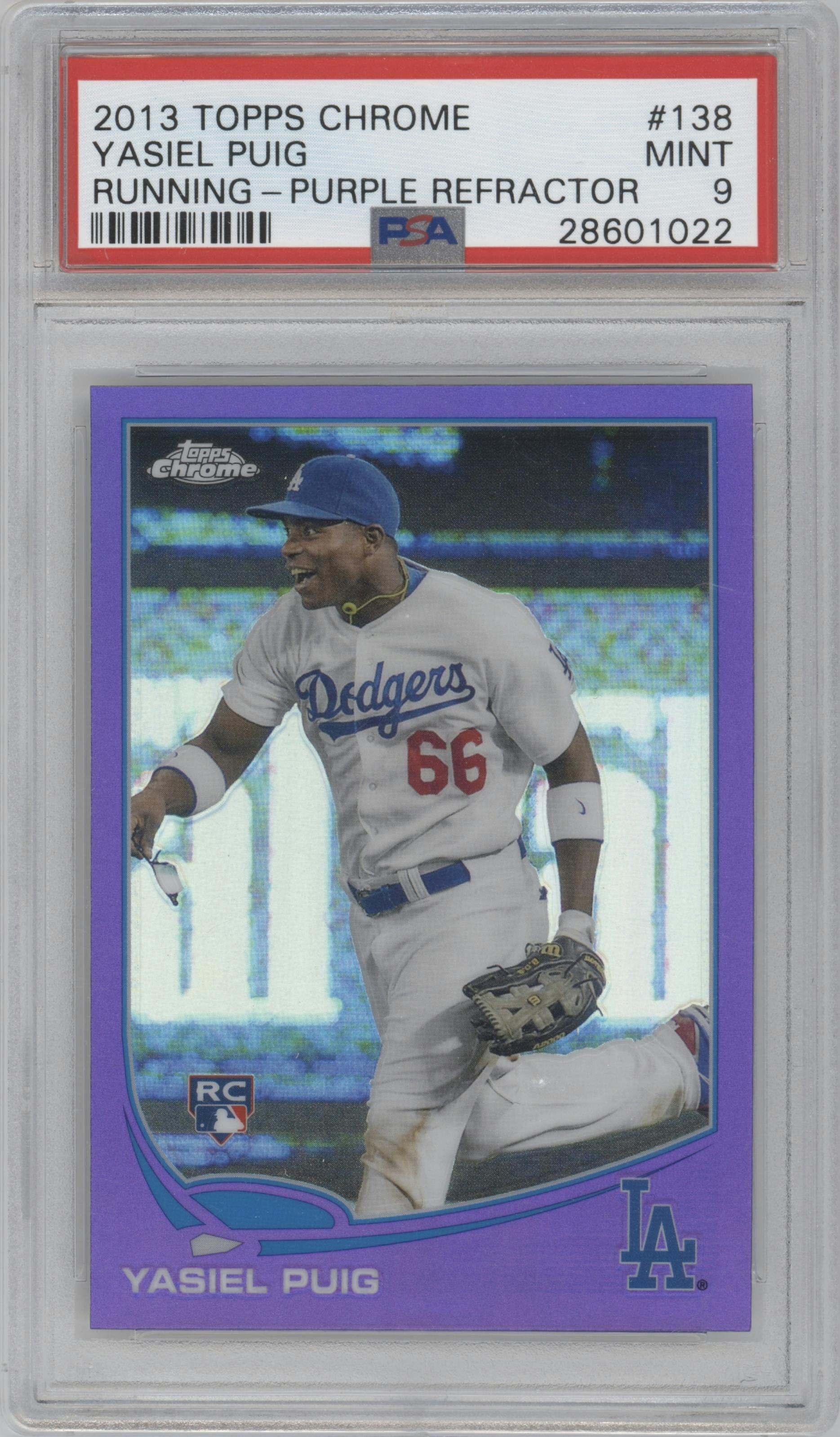 Yasiel Puig from the 2013 Topps Chrome set featuring a Purple Refractor parallel graded by PSA and given an overall grade of 9.
