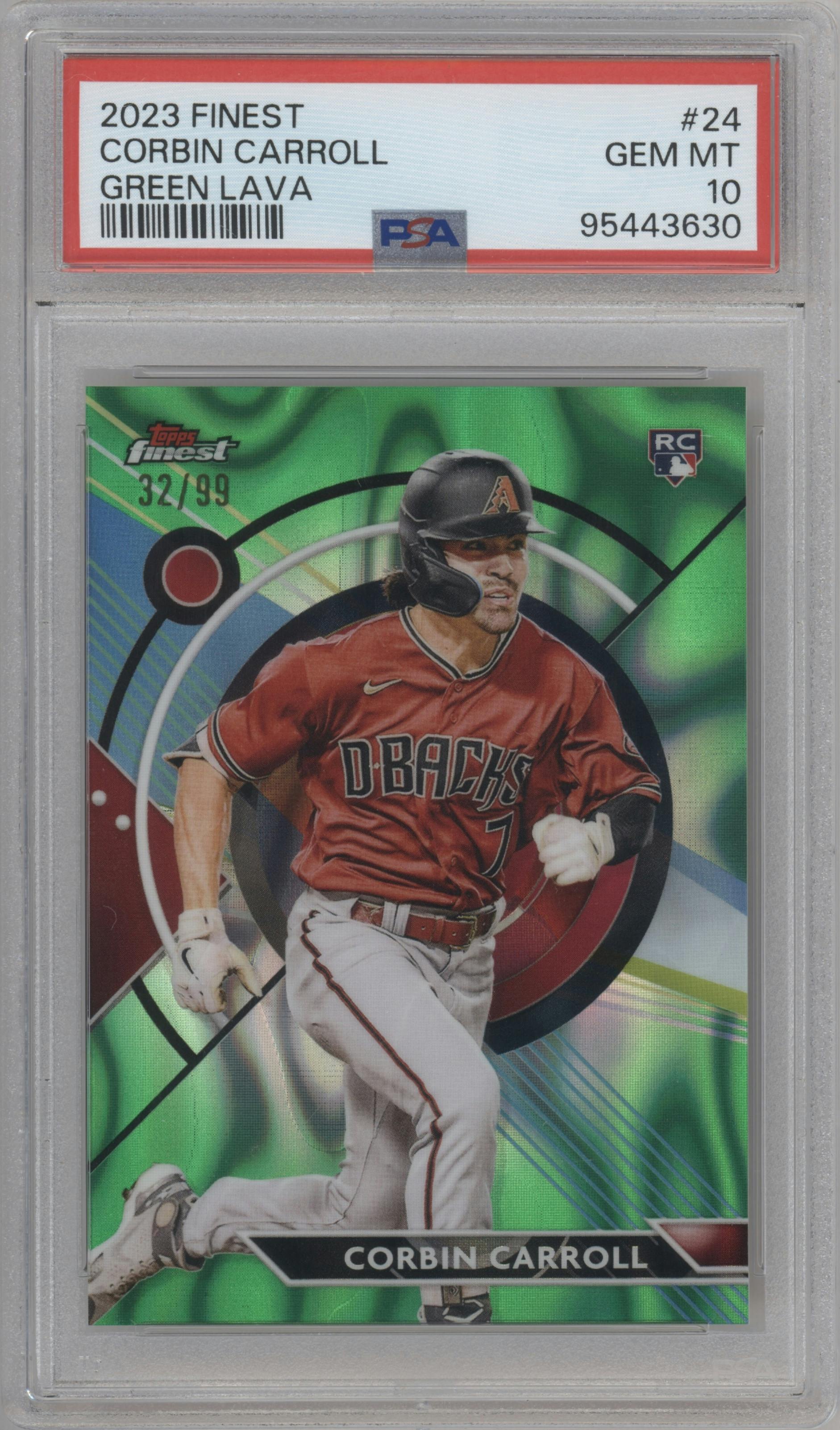 Corbin Carroll  from the 2023 Topps Finest set featuring a Green Lava Refractor parallel graded by PSA and given an overall grade of 10.