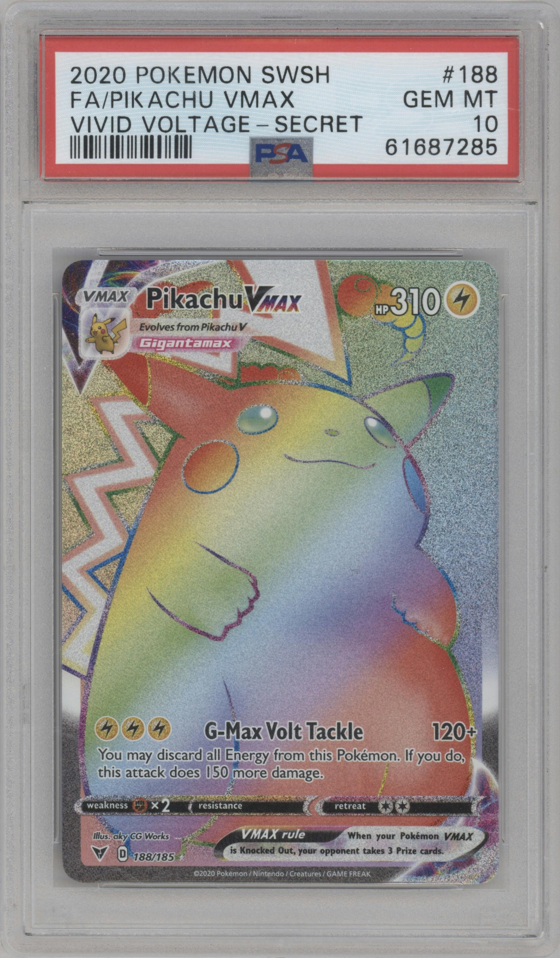 Pikachu VMAX from the 2020 Pokemon SWSH set graded by PSA and given an overall grade of 10.