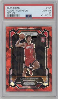 Amen Thompson from the 2023-24 Panini Prizm set featuring a Red Ice parallel graded by PSA and given an overall grade of 10.