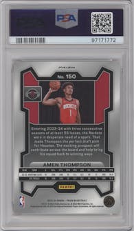 Amen Thompson from the 2023-24 Panini Prizm set featuring a Red Ice parallel graded by PSA and given an overall grade of 10.