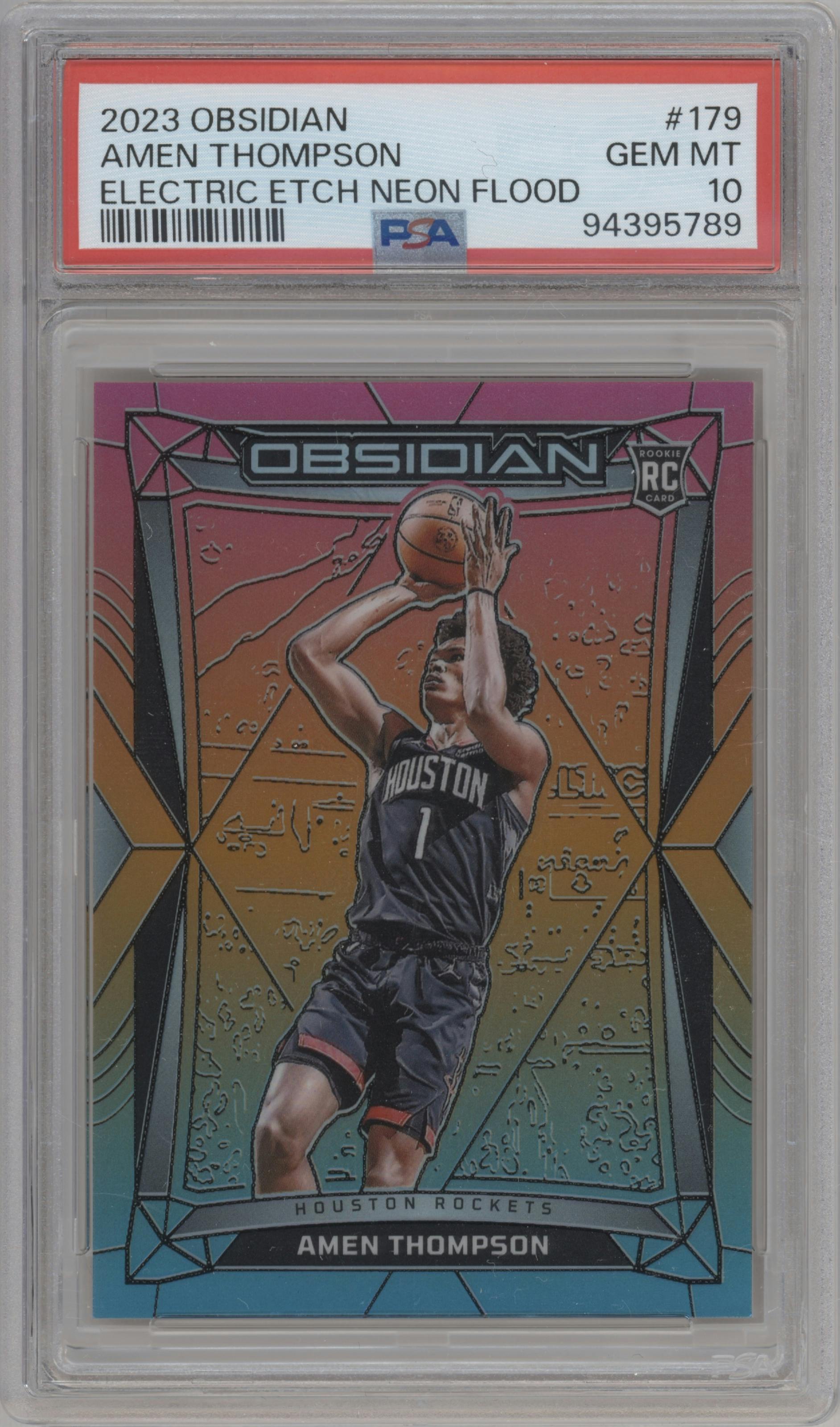 Amen Thompson from the 2023-24 Panini Obsidian set featuring a Electric Etch Neon Flood parallel graded by PSA and given an overall grade of 10.