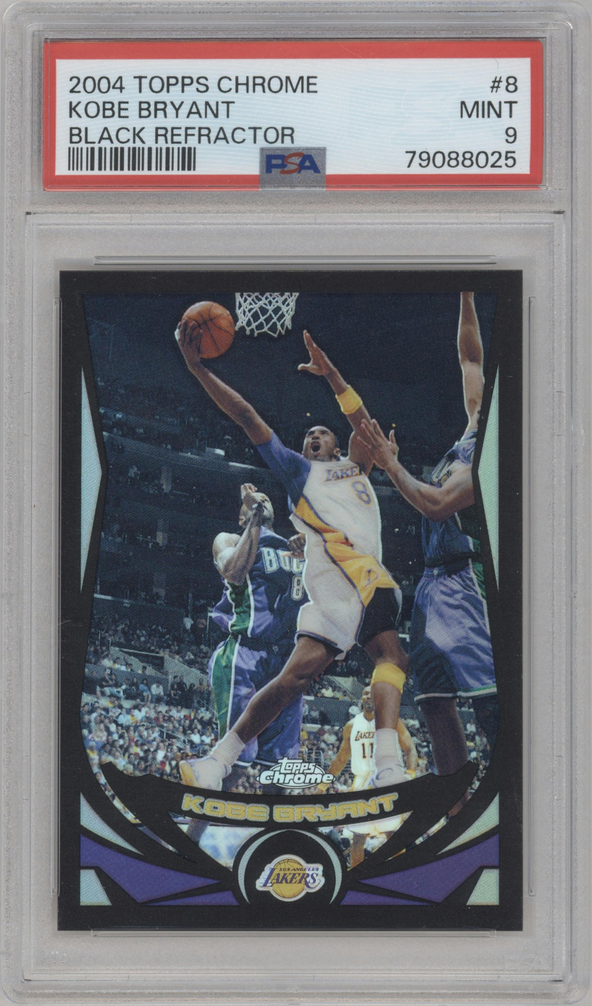 Kobe Bryant  from the 2004-05 Topps Chrome set featuring a Black Refractor parallel graded by PSA and given an overall grade of 9.