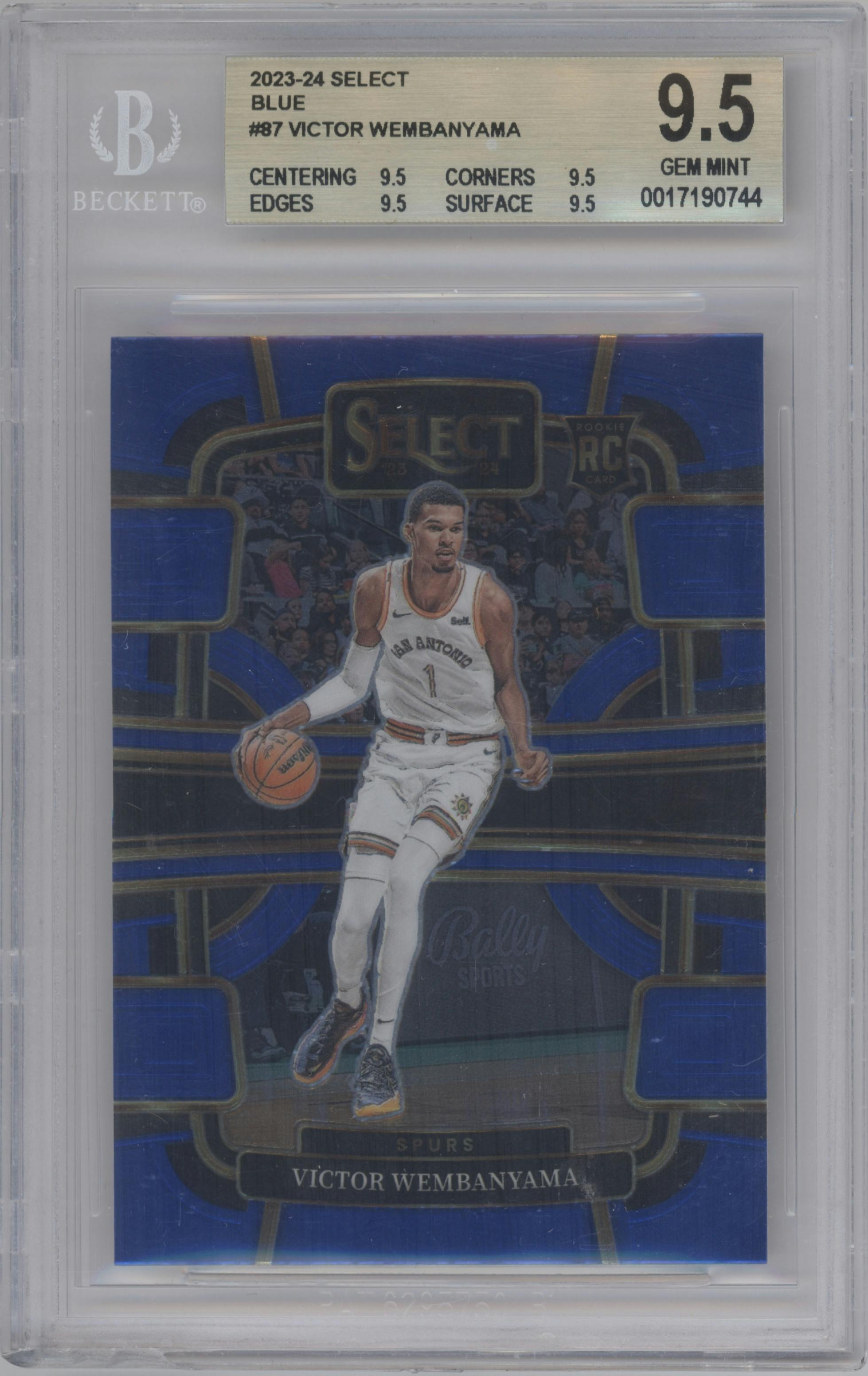 Victor Wembanyama from the 2023-24 Panini Select  set featuring a Blue Retail parallel graded by Beckett and given an overall grade of 9.5.