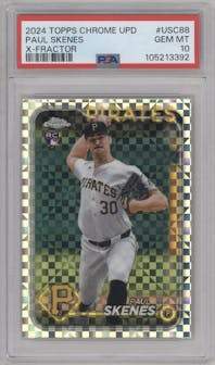 Paul Skenes from the 2024 Topps Chrome Update set featuring a X-Fractor parallel graded by PSA and given an overall grade of 10.