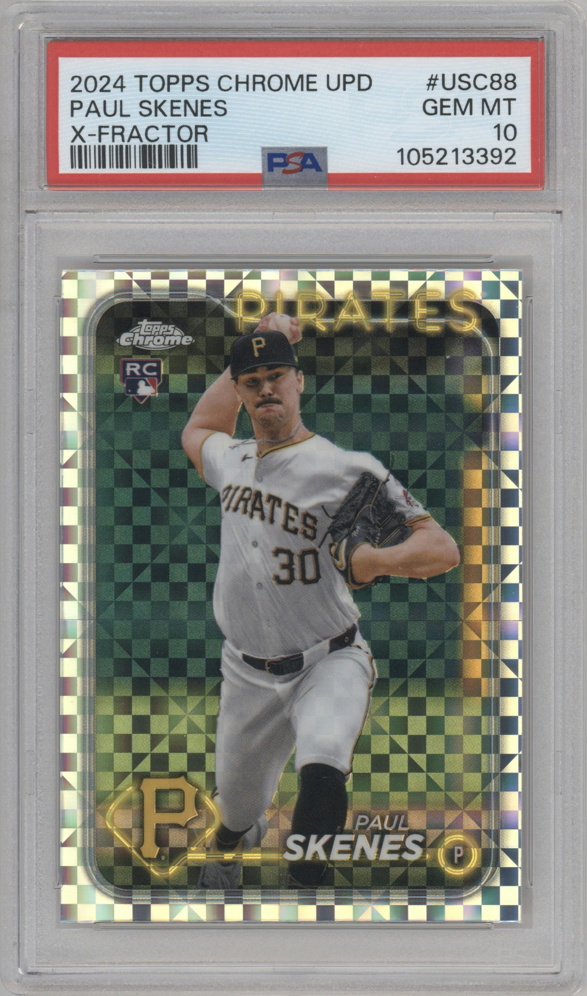 Paul Skenes from the 2024 Topps Chrome Update set featuring a X-Fractor parallel graded by PSA and given an overall grade of 10.
