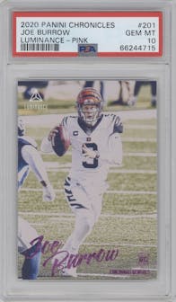 Joe Burrow from the 2020 Panini Chronicles set featuring a Pink parallel graded by PSA and given an overall grade of 10.