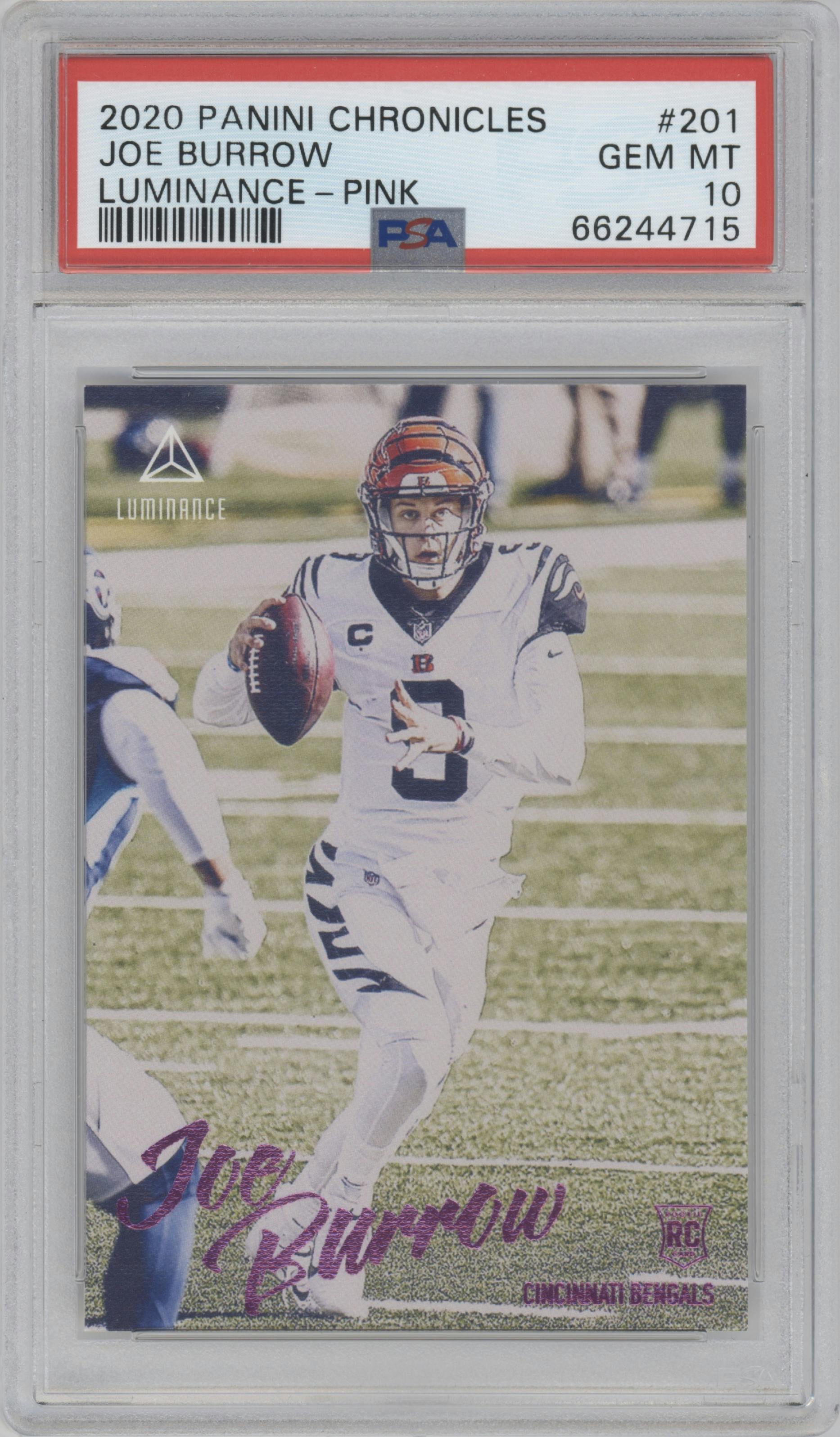 Joe Burrow from the 2020 Panini Chronicles set featuring a Pink parallel graded by PSA and given an overall grade of 10.