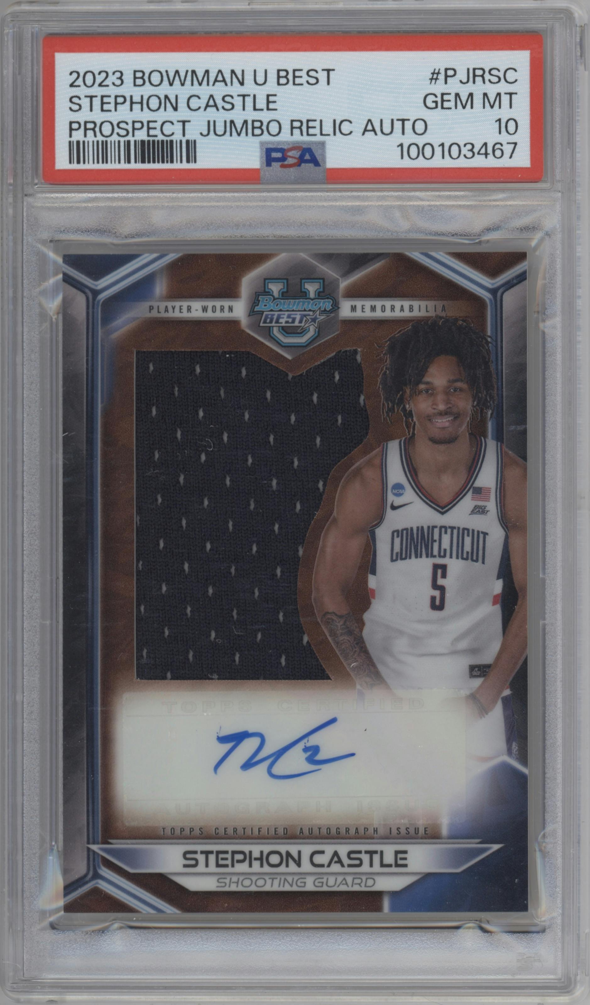 Stephon Castle from the 2023-24 Bowman Best University set graded by PSA and given an overall grade of 10.