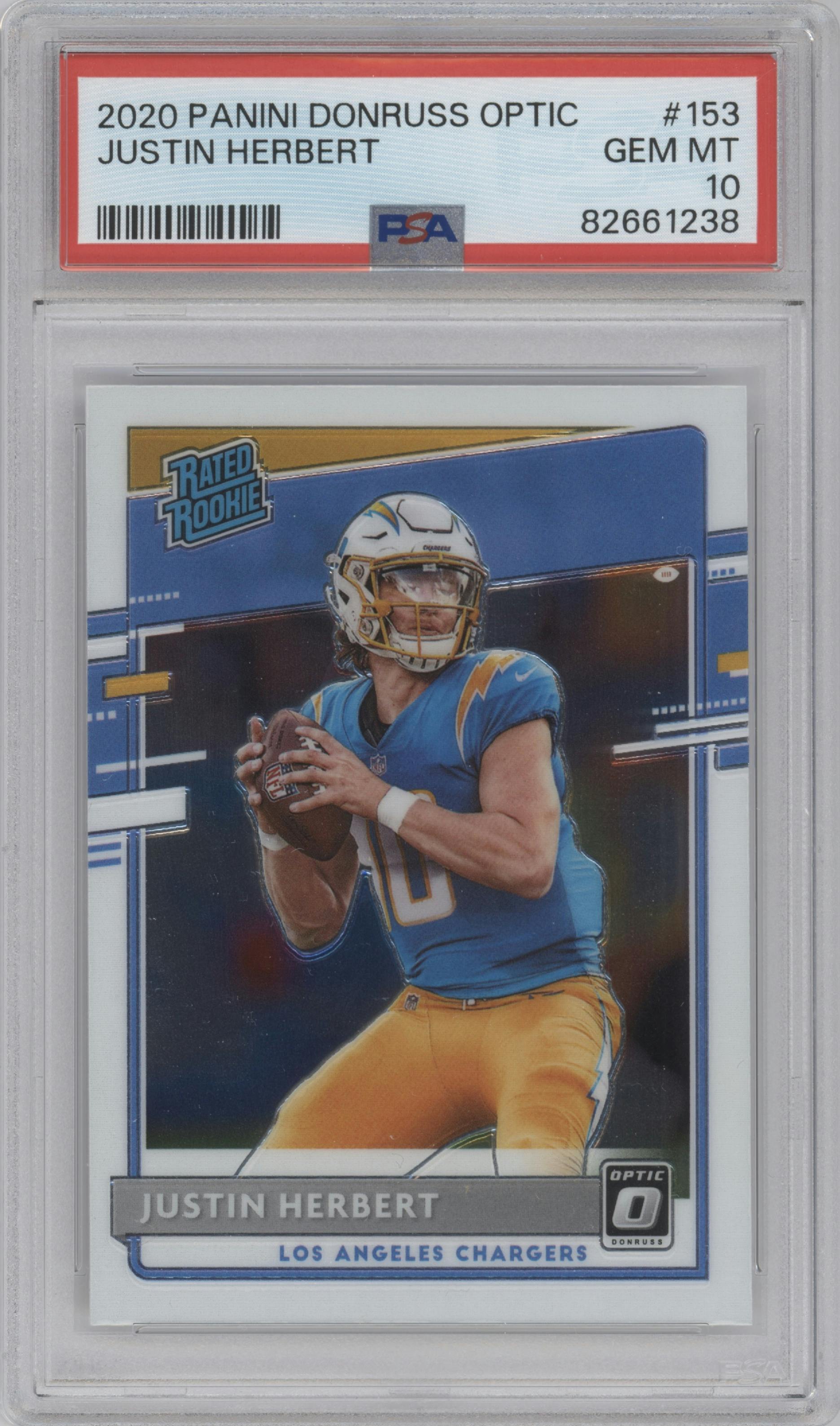 Justin Herbert from the 2020 Panini Donruss Optic set graded by PSA and given an overall grade of 10.