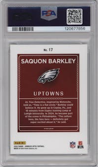Saquon Barkley from the 2024 Donruss Optic set graded by PSA and given an overall grade of 9.