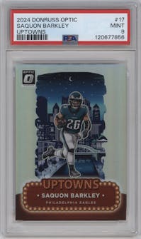 Saquon Barkley from the 2024 Donruss Optic set graded by PSA and given an overall grade of 9.