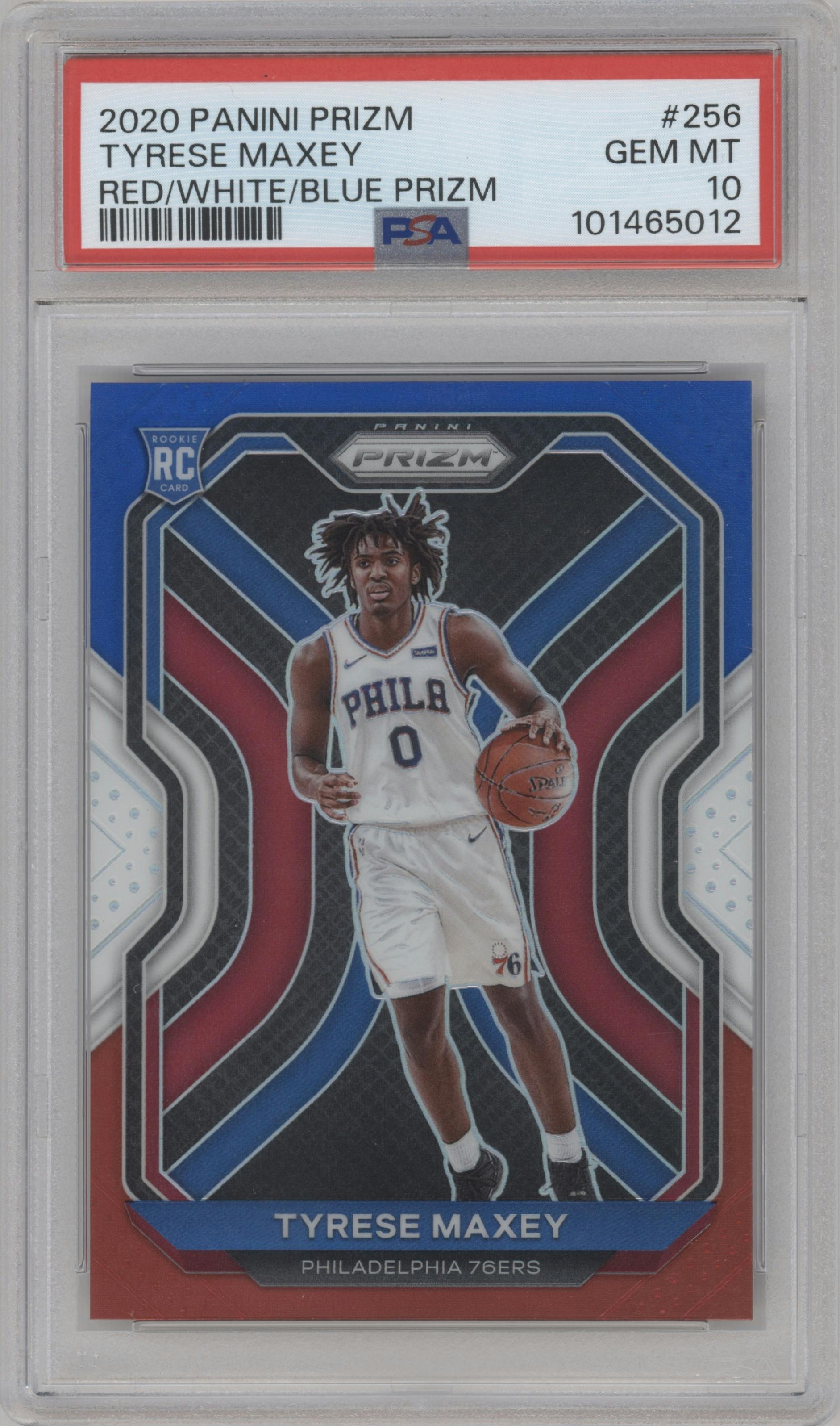 Tyrese Maxey from the 2020-21 Panini Prizm set featuring a Red/White/Blue Prizm parallel graded by PSA and given an overall grade of 10.