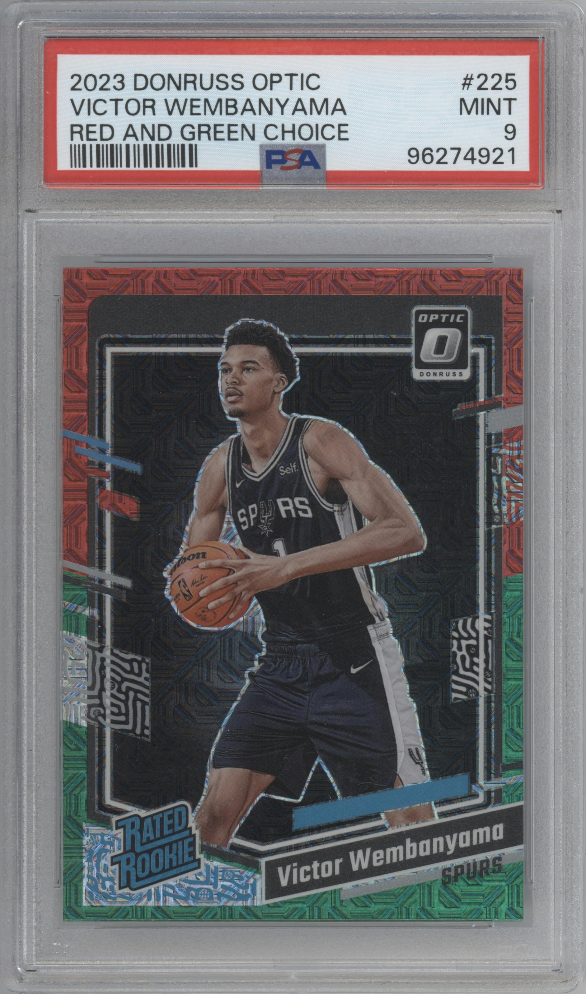 Victor Wembanyama from the 2023-24 Donruss Optic set featuring a Choice Red And Green Prizm  parallel graded by PSA and given an overall grade of 9.