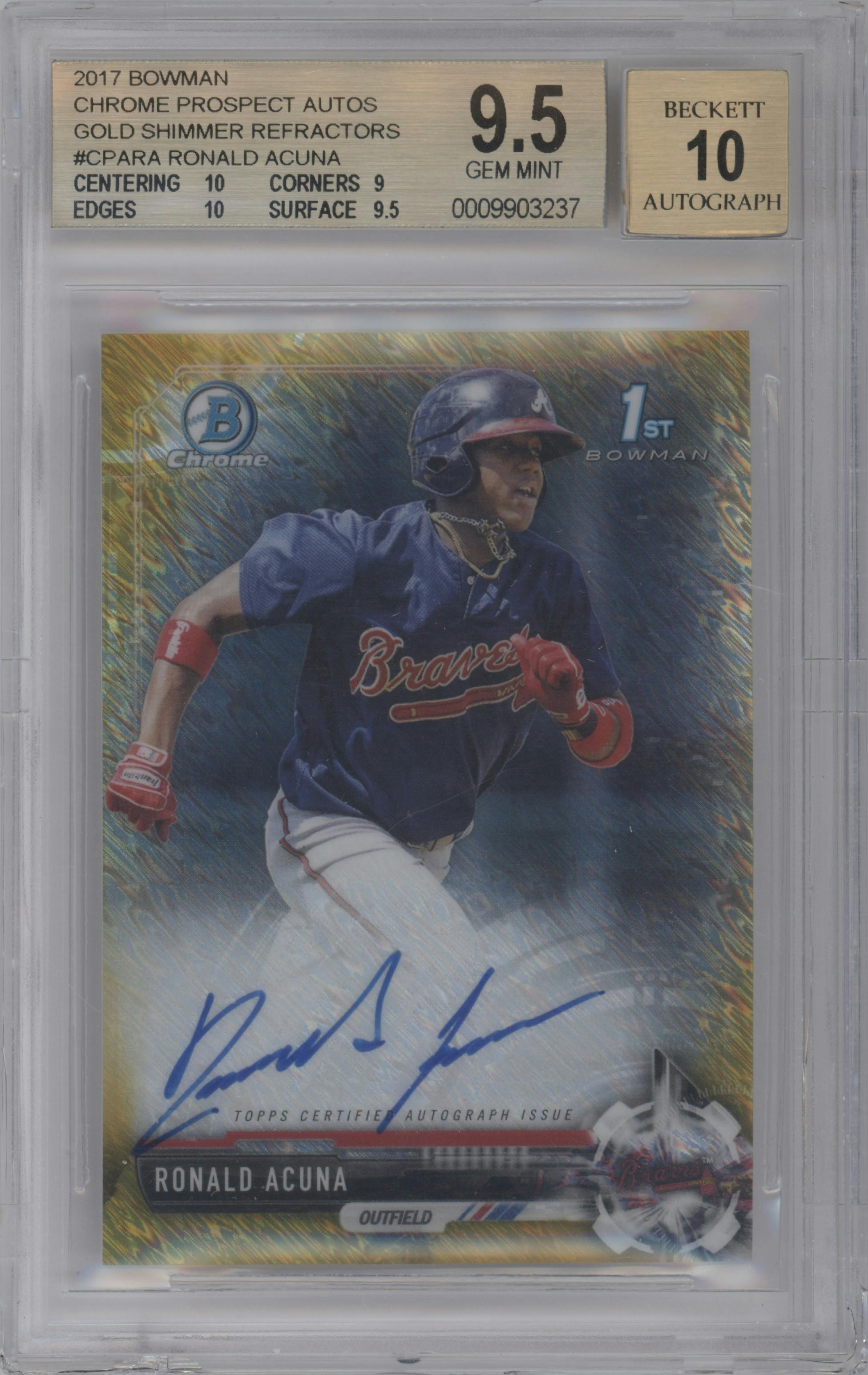 Ronald Acuna from the 2017 Bowman set featuring a Gold Shimmer Refractor parallel graded by Beckett and given an overall grade of 9.5.