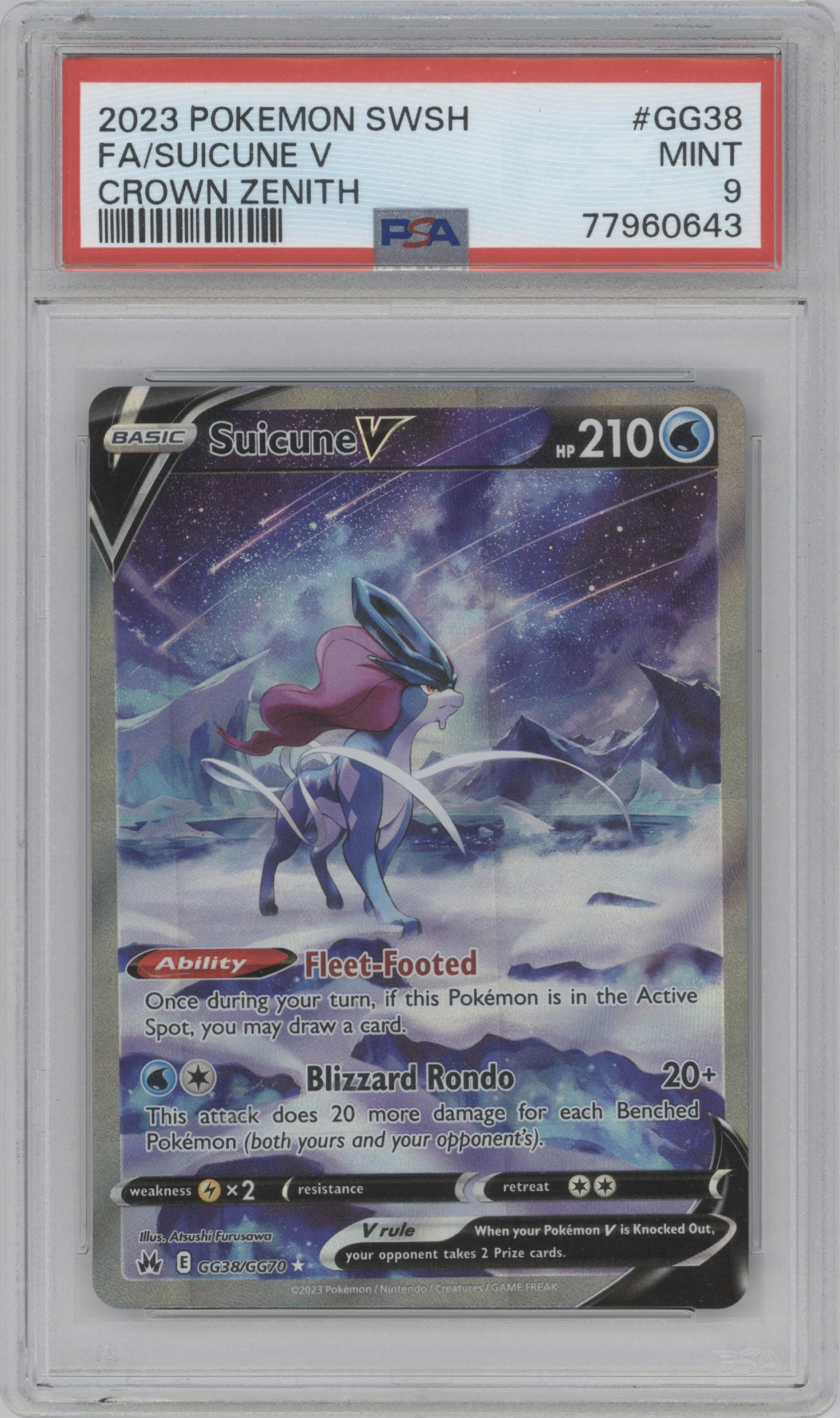 Suicune V from the 2023 Pokemon SWSH set graded by PSA and given an overall grade of 9.