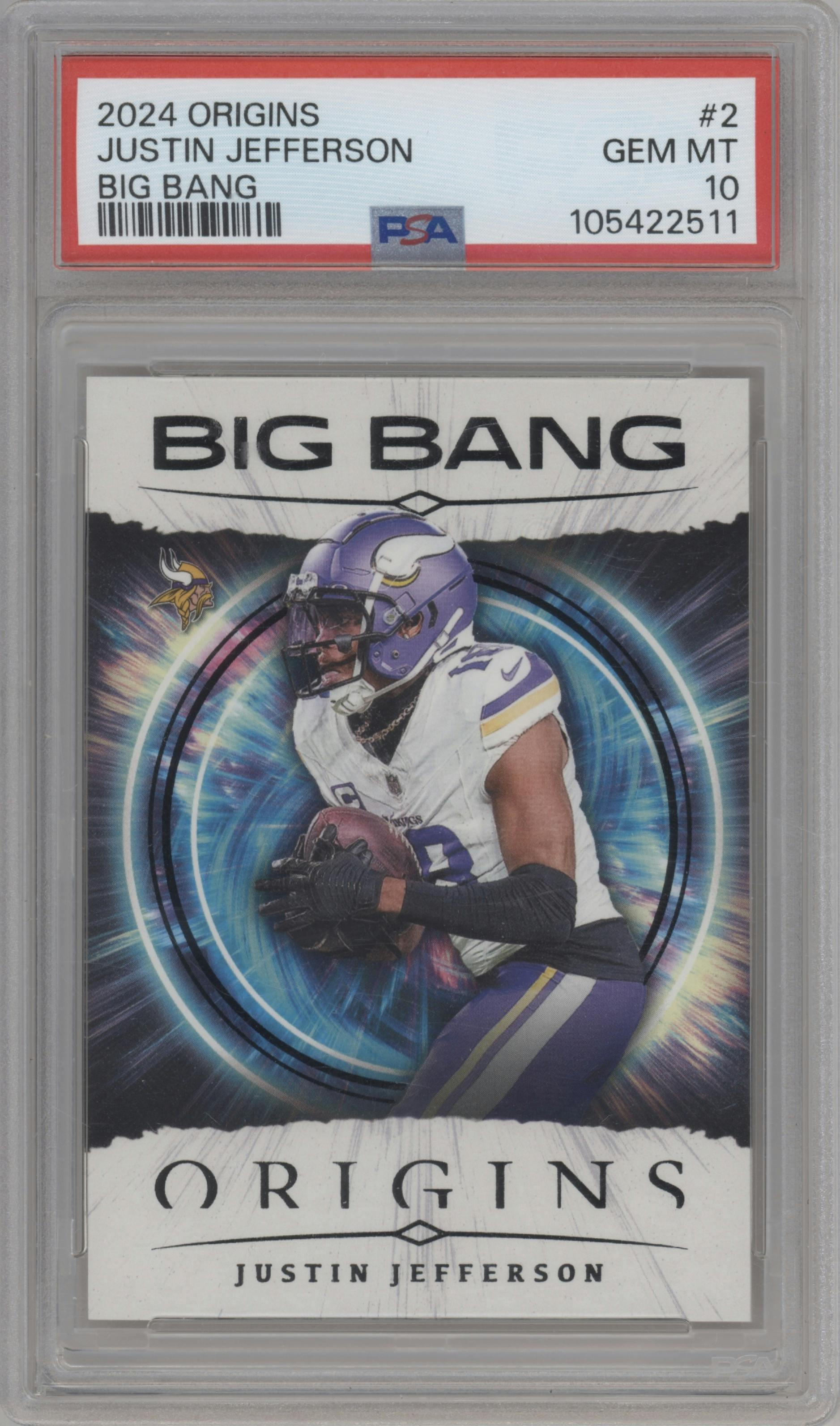 Justin Jefferson from the 2024 Panini Origins set graded by PSA and given an overall grade of 10.