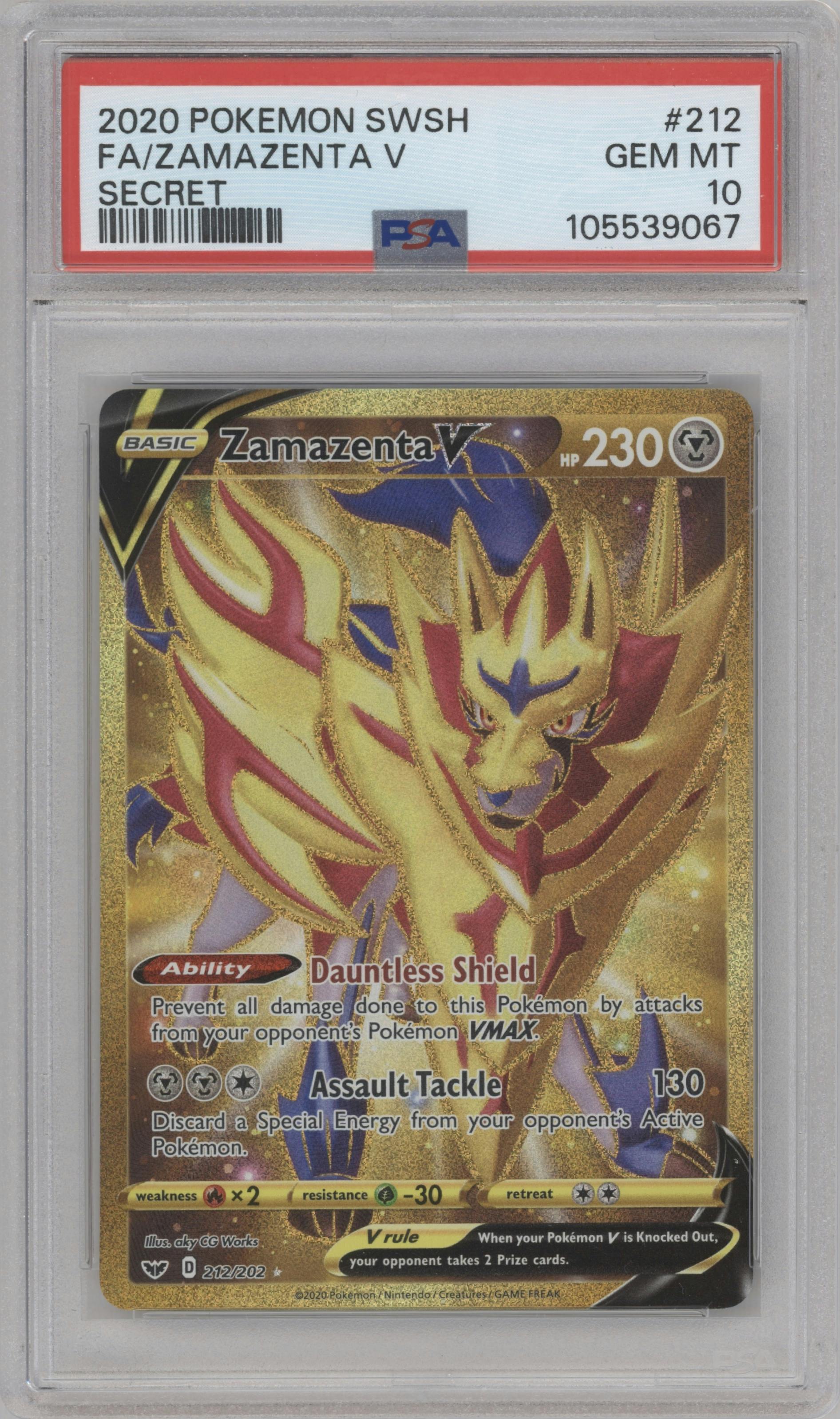 Zamazenta V from the 2020 Pokemon SWSH set graded by PSA and given an overall grade of 10.