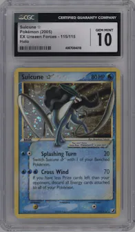 Suicune Gold Star from the 2005 Pokemon EX set graded by CSG and given an overall grade of 10.