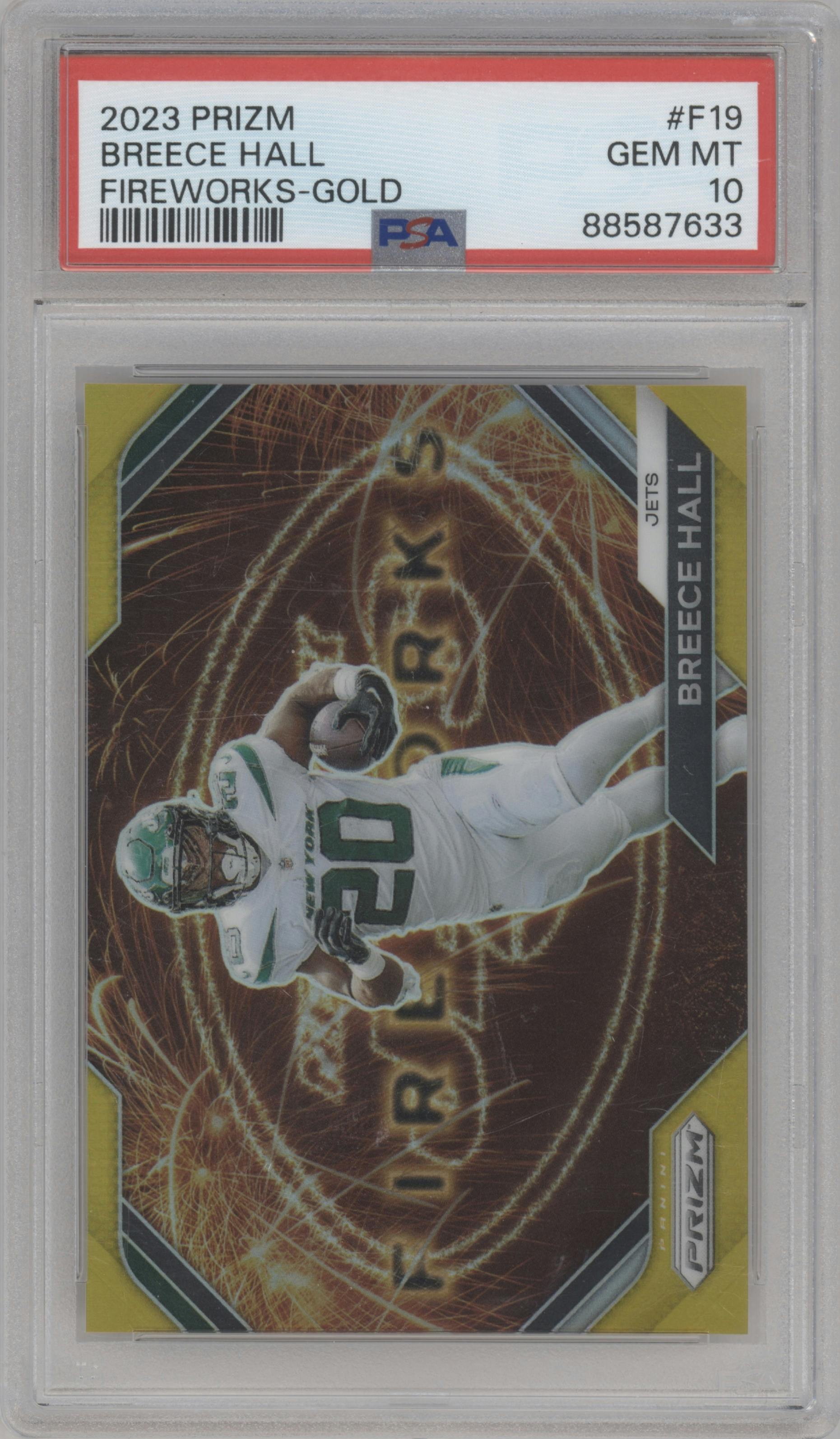 Breece Hall from the 2023 Panini Prizm set featuring a Gold parallel graded by PSA and given an overall grade of 10.
