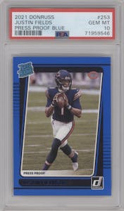 Justin Fields from the 2021 Panini Donruss set featuring a Press Proof Blue parallel graded by PSA and given an overall grade of 10.