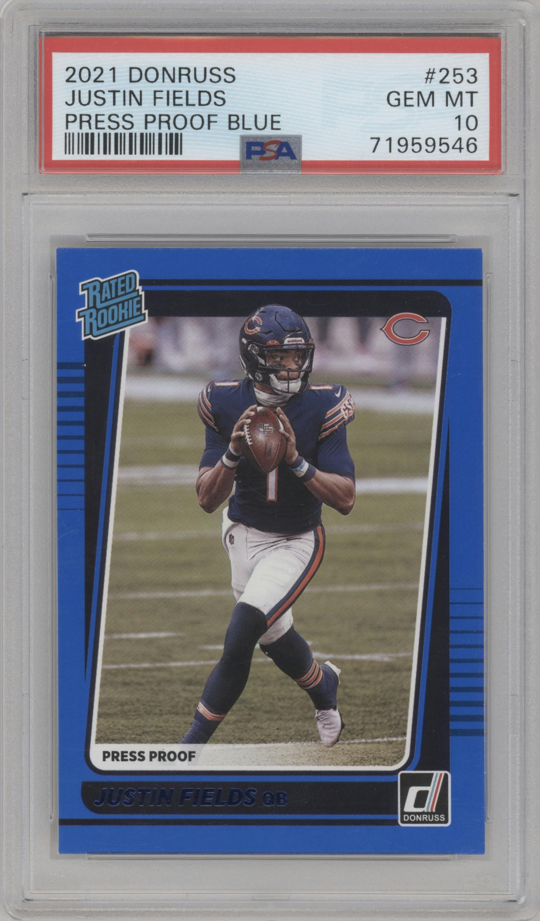 Justin Fields from the 2021 Panini Donruss set featuring a Press Proof Blue parallel graded by PSA and given an overall grade of 10.
