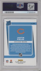 Justin Fields from the 2021 Panini Donruss set featuring a Press Proof Blue parallel graded by PSA and given an overall grade of 10.