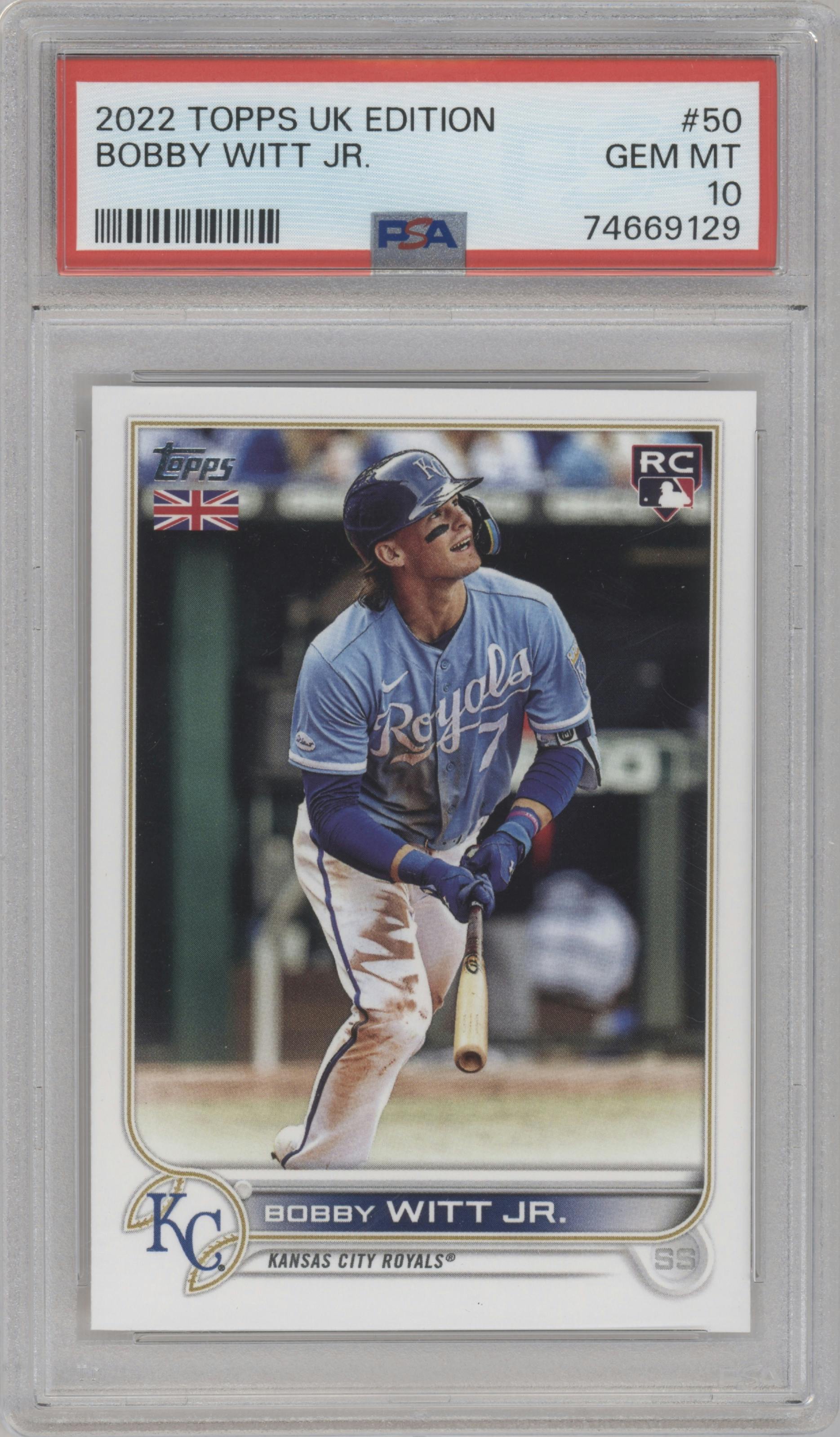 Bobby Witt Jr. from the 2022 Topps Baseball UK Edition set graded by PSA and given an overall grade of 10.