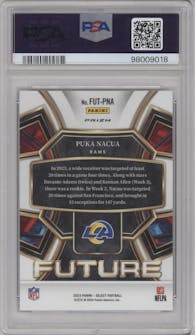 Puka Nacua from the 2023 Panini Select set featuring a Zebra parallel graded by PSA and given an overall grade of 10.