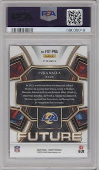 Puka Nacua from the 2023 Panini Select set featuring a Zebra parallel graded by PSA and given an overall grade of 10.