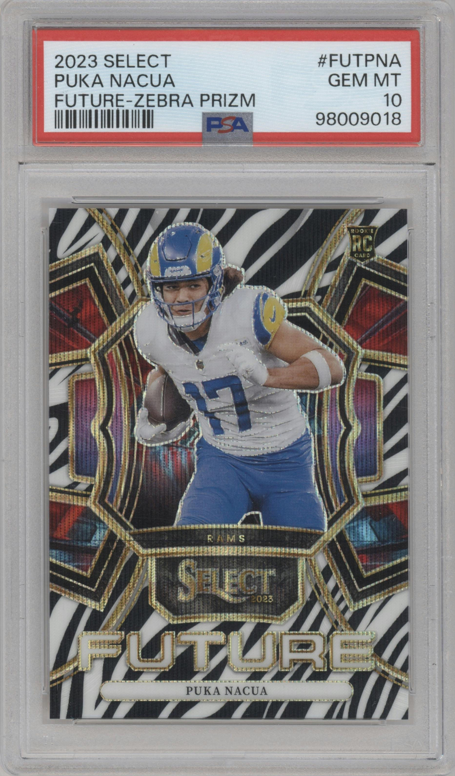 Puka Nacua from the 2023 Panini Select set featuring a Zebra parallel graded by PSA and given an overall grade of 10.
