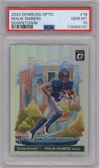 Malik Nabers from the 2024 Donruss Optic set graded by PSA and given an overall grade of 10.