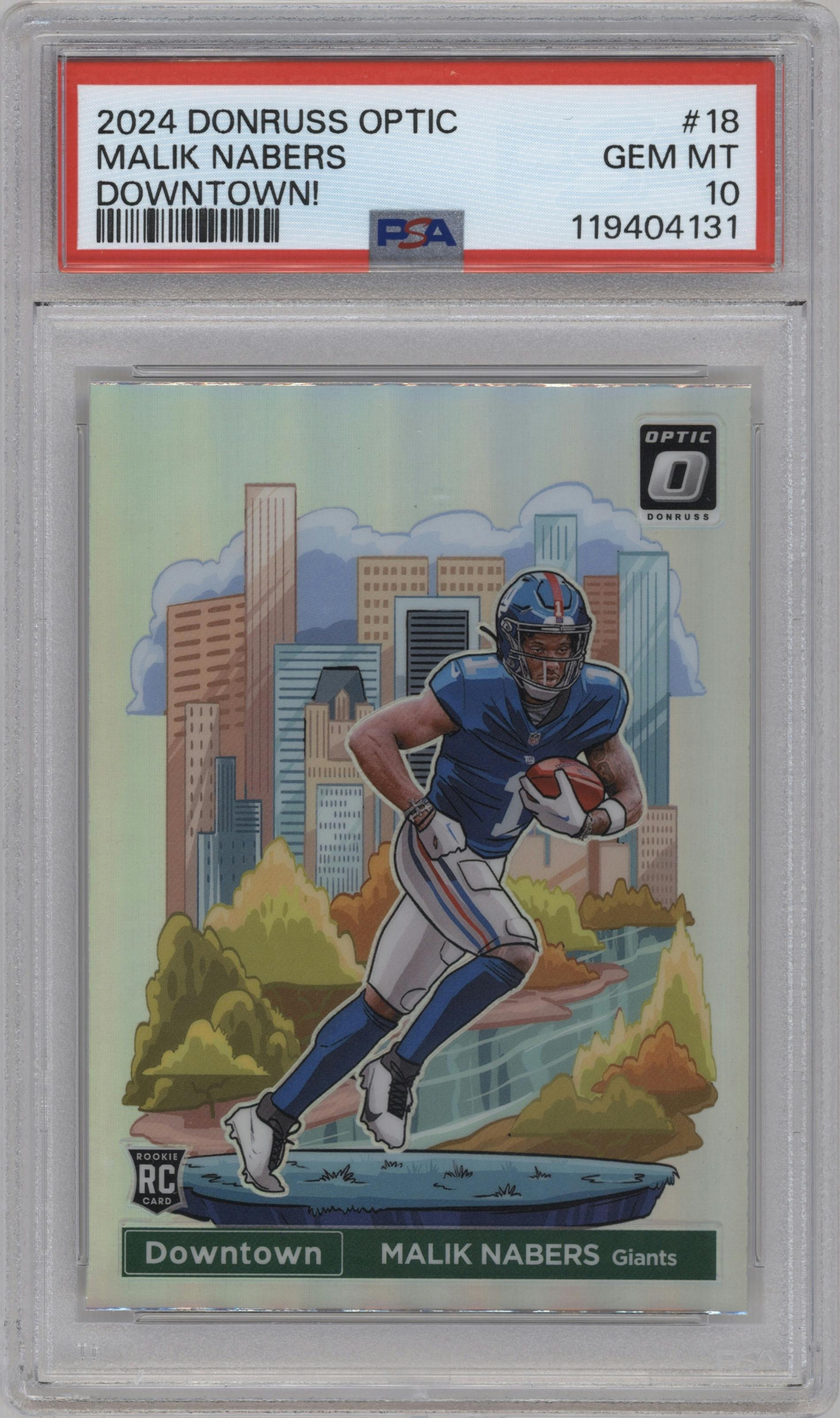 Malik Nabers from the 2024 Donruss Optic set graded by PSA and given an overall grade of 10.